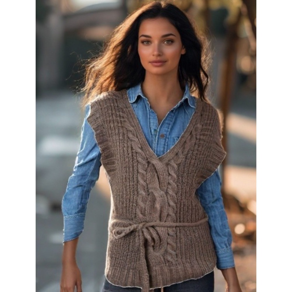 Kenji Hand Knit Sweater Vest Womens Size Medium Brown Pullover Belt V-Neck EUC